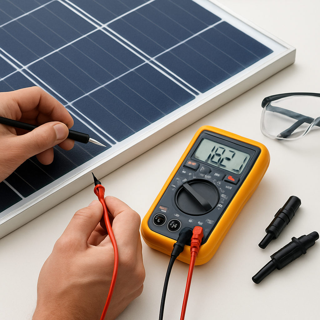 Nahaufnahme: Hände messen mit Multimeter an einem Solarmodul, deutlich sichtbare Messleitungen, Schutzbrille auf dem Tisch, saubere MC4‑Stecker