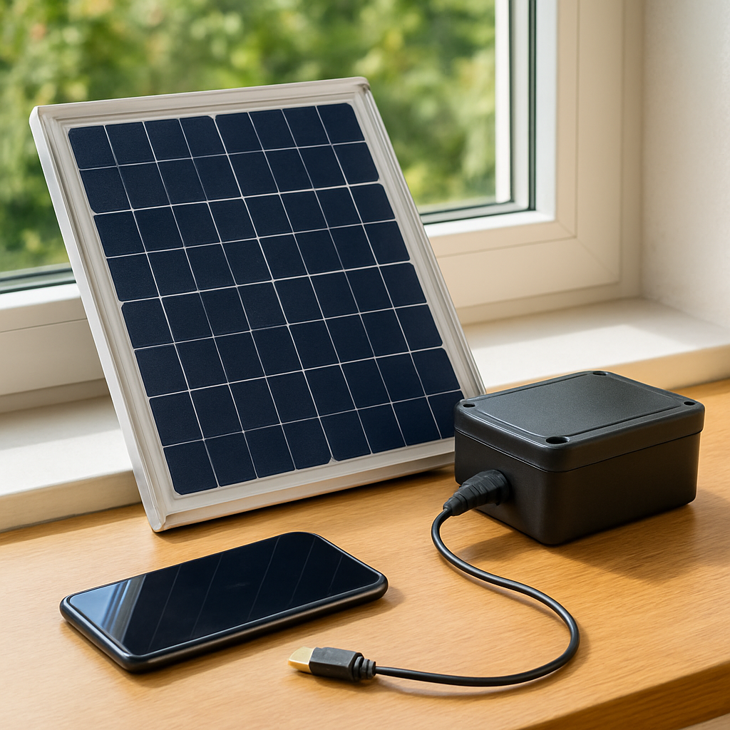 Kompaktes Setup: 50‑W‑Solarmodul auf Fensterbank, kleine Powerbank in wetterfester Box, USB‑Kabel führt zum Smartphone auf Tisch