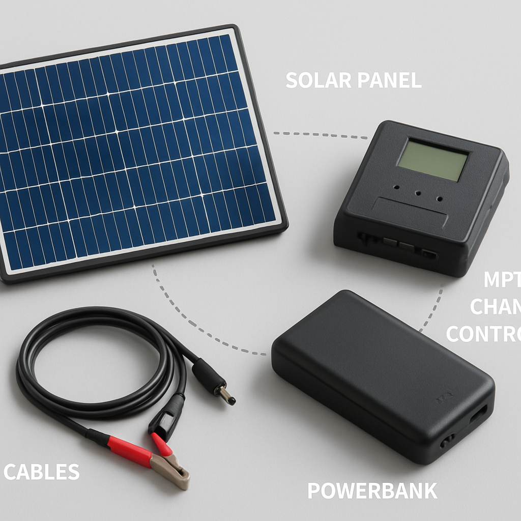 Explosionsgrafik der Komponenten: Solarmodul, MPPT‑Wandler, Powerbank, Kabel – beschriftet mit Funktionen