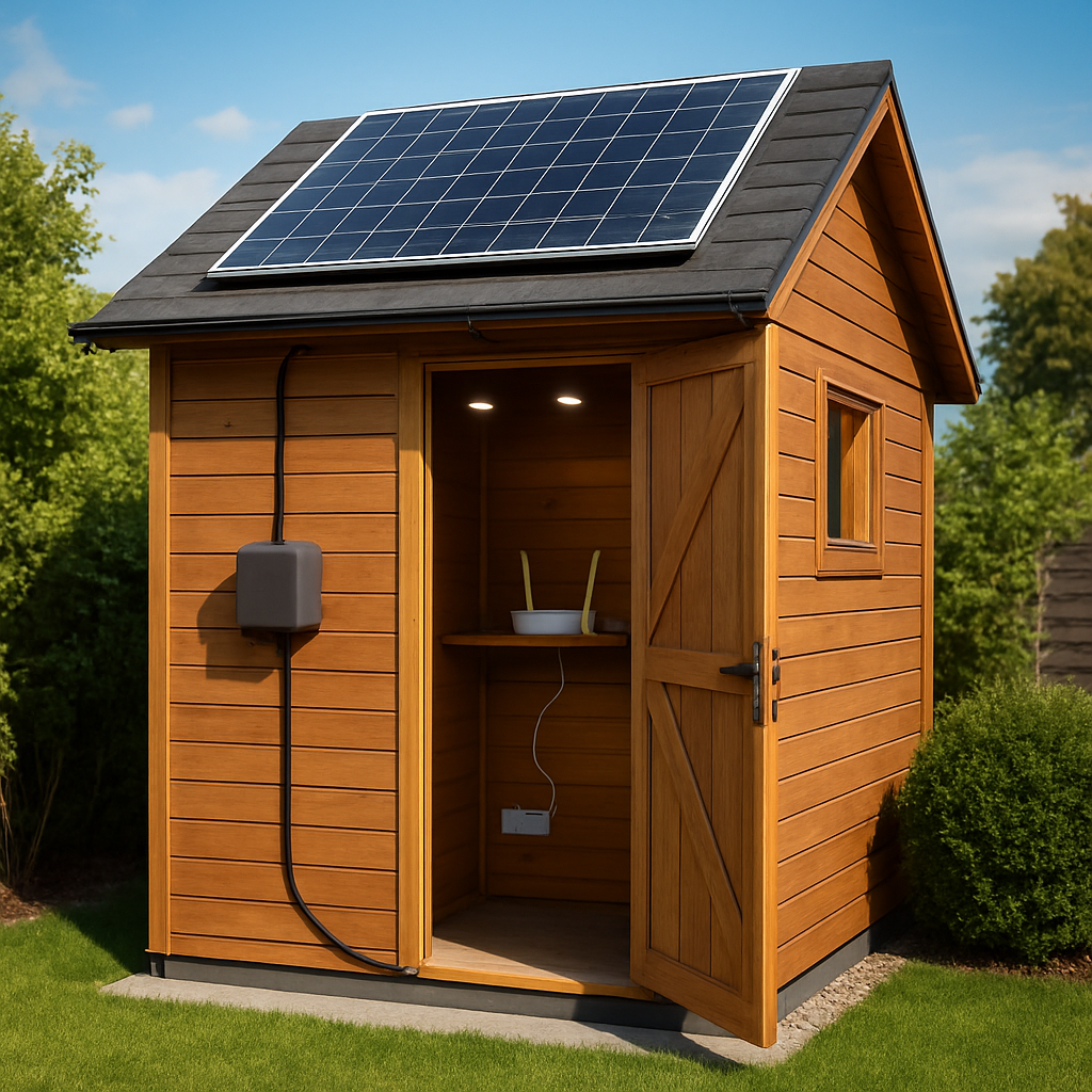 Kleines Gartenhaus von außen mit einem Solarmodul auf dem Dach, Kabel verschwinden in einer wetterfesten Box, innen LED‑Leuchten und Router sichtbar