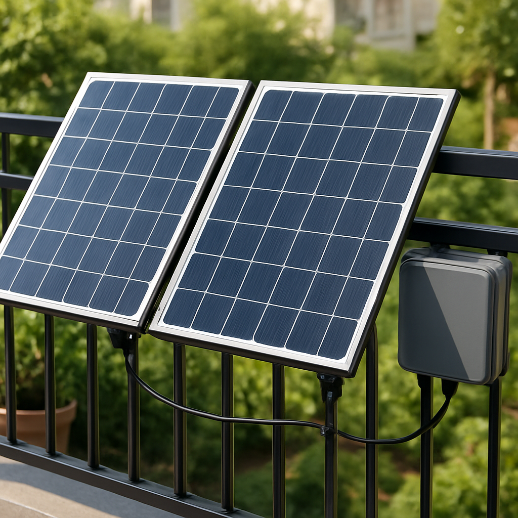 Zwei Solarmodule an einer Balkonbrüstung, sicher montiert mit Spannsets, ein kleiner Mikrowechselrichter in einer wettergeschützten Box daneben