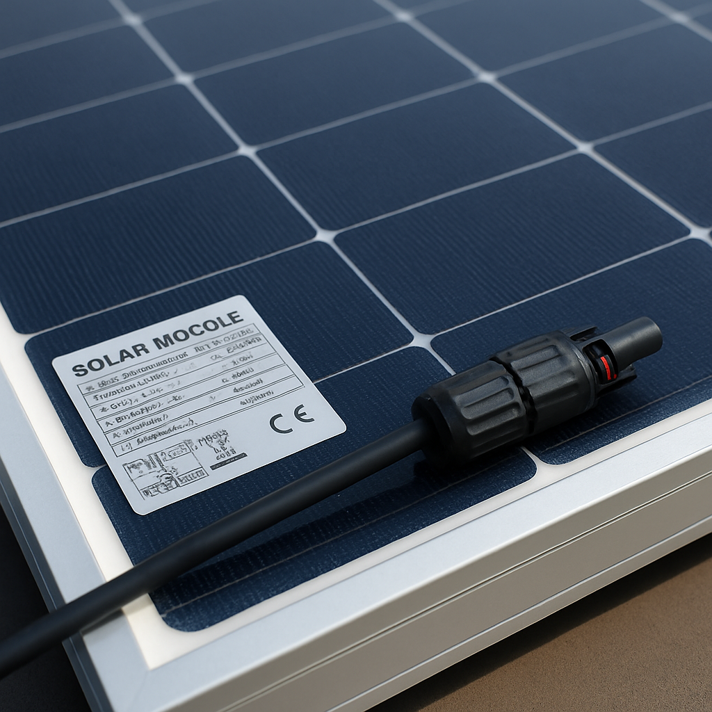 Detailaufnahme eines hochwertigen Solarmoduls mit Datenetikett, MC4‑Stecker und einem stabilen Aluminiumrahmen