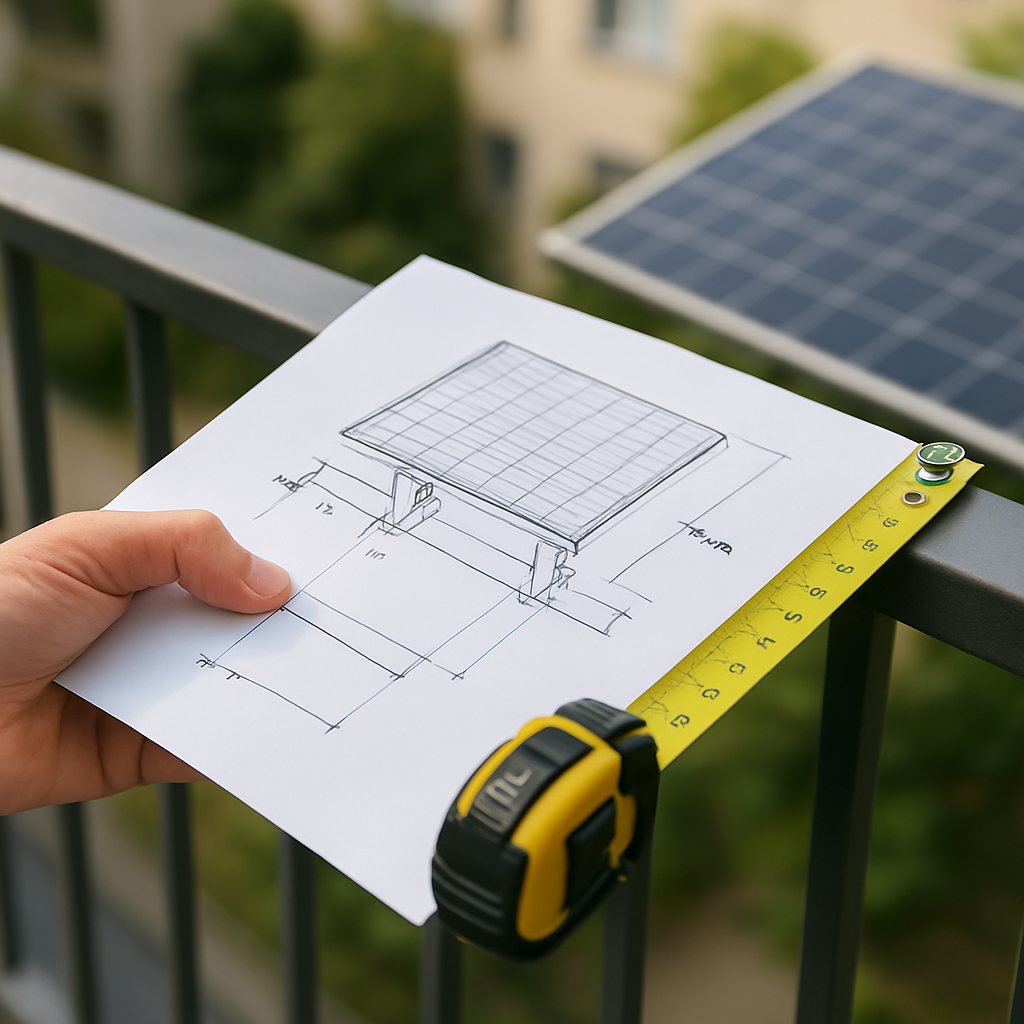 Close-up einer Hand mit Montagezeichnungen und Maßband auf einem Balkongeländer, zeigt Maße und Befestigungspunkte