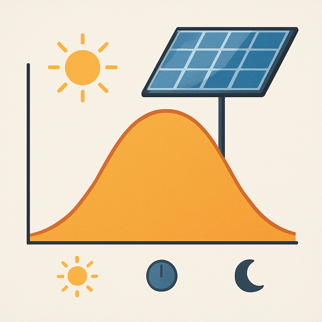 Diagramm-ähnliche Illustration: Tagesproduktionskurve eines Balkonkraftwerks mit morgendlichem, mittäglichem und abendlichem Verlauf