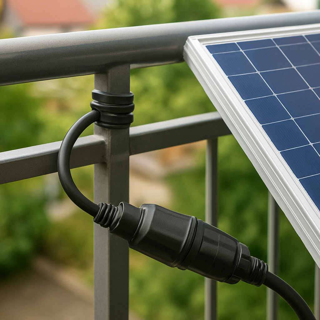 Foto einer korrekten Kabeldurchführung durch ein Balkongeländer mit Zugentlastung und wetterfestem Stecker