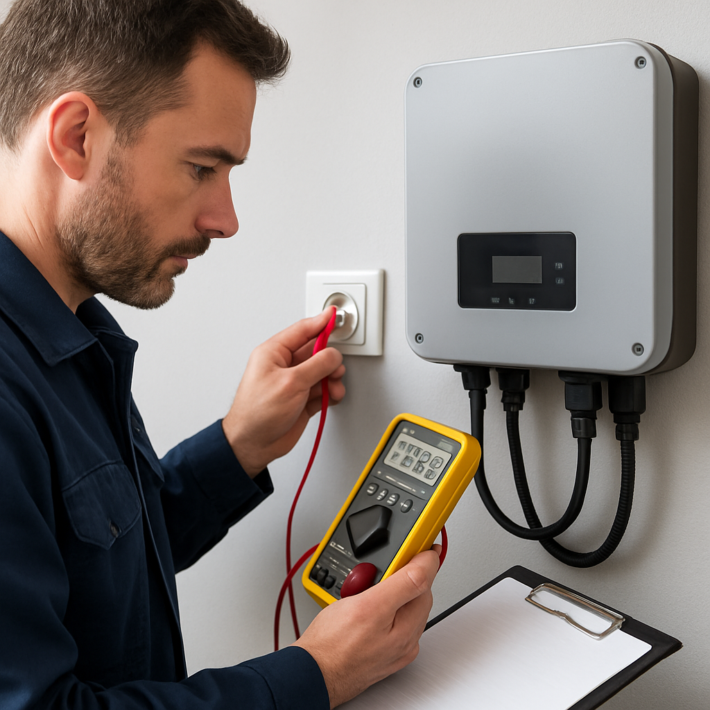Elektriker überprüft Steckdose und Wechselrichter, dokumentiert Werte mit Messtechnik