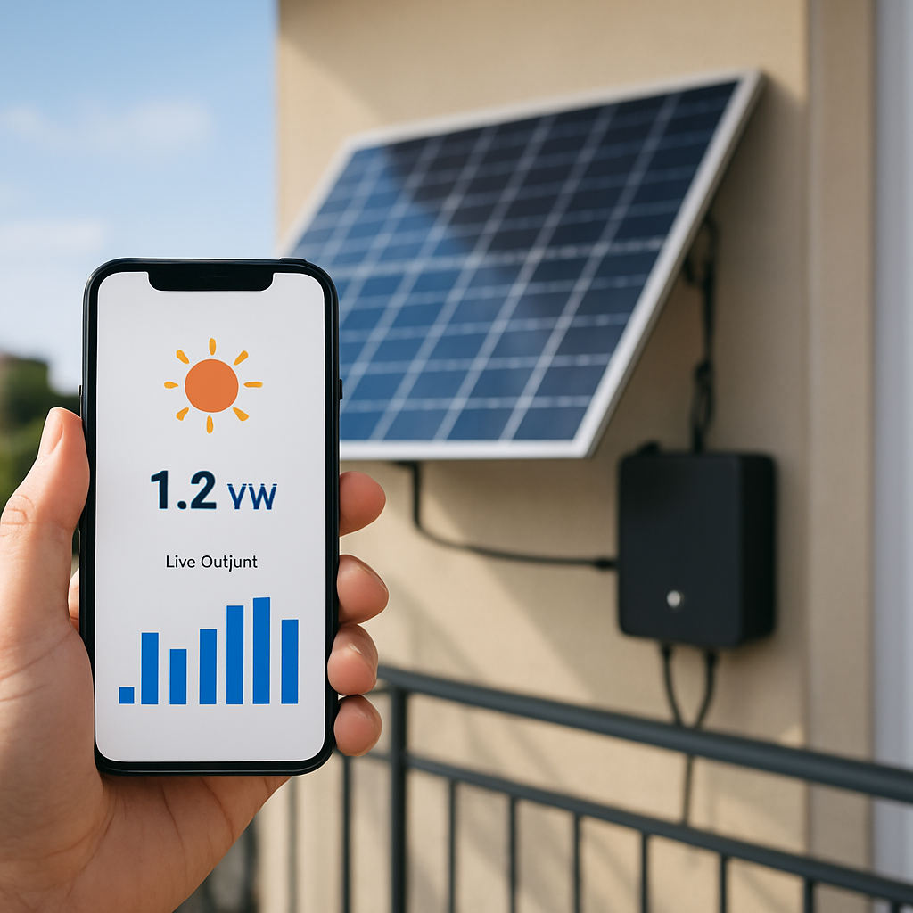 Smartphone mit Wechselrichter-App im Vordergrund, Balkonkraftwerk im Hintergrund, zeigt Live-Output