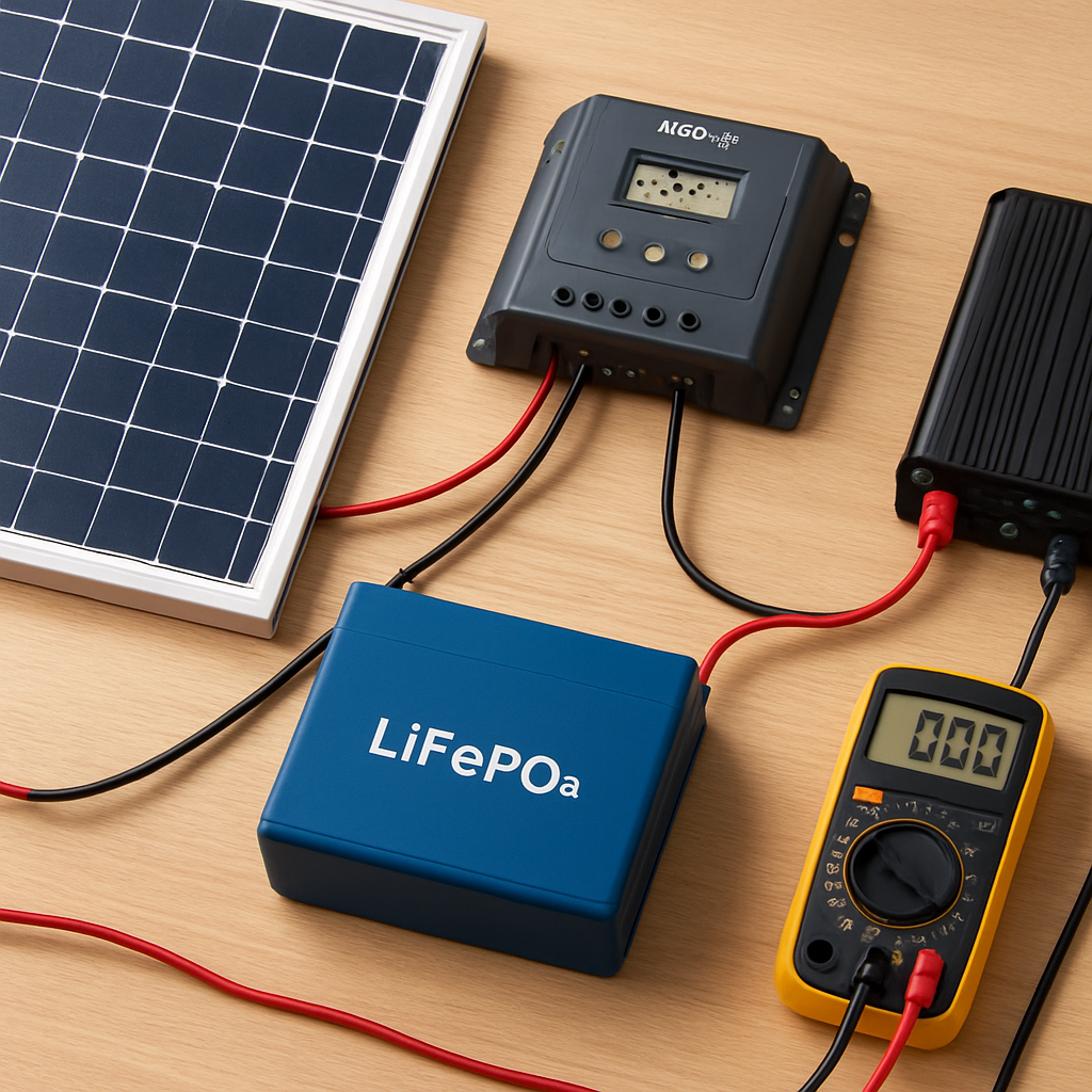 Aufbau: Übersicht eines kleinen Insel‑Systems auf einem Tisch: Solarmodul, MPPT‑Regler, LiFePO4‑Akku, Wechselrichter, Multimeter