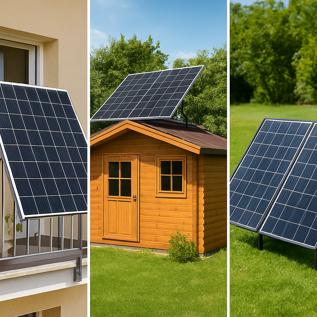 Vergleich: Drei Szenarien nebeneinander: Balkonmontage, Gartenhaus‑Inselanlage, mobiles Faltsystem