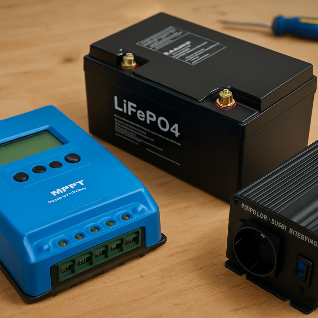 Bauteile: Nahaufnahme von MPPT‑Regler, LiFePO4‑Modul und kleinem reinen Sinus‑Wechselrichter auf Werkbank