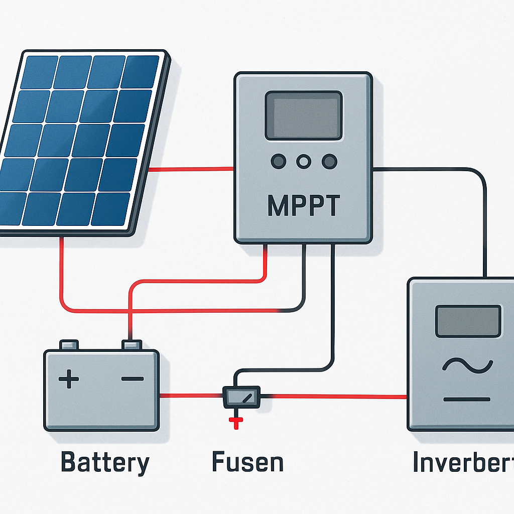 WiringDiagram: Schematische Zeichnung einer Inselanlage: Panel → MPPT → Batterie (mit Sicherung) → Verbraucher/Wechselrichter; Polaritӓten und Sicherungspositionen deutlich markiert