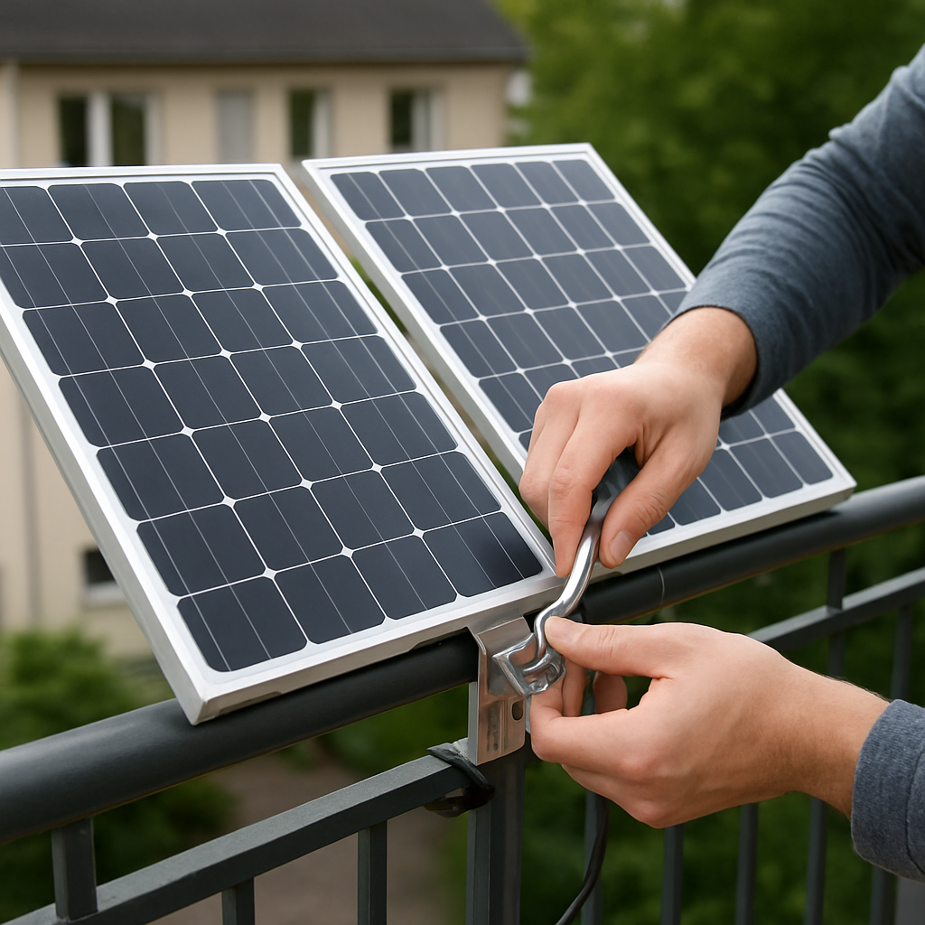 BalconyMount: Zwei Solarmodule am Balkongeländer, Person sichert die Halterung, Blick auf sichere Befestigung und Kabelclips