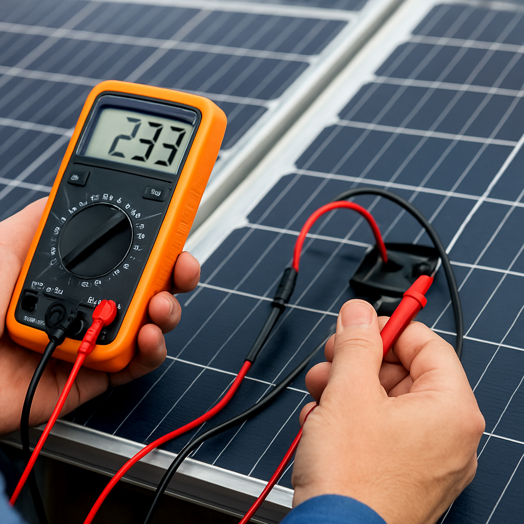 Troubleshoot: Person mit Multimeter misst Kabelverbindungen, Nahaufnahme des Displays mit Spannung