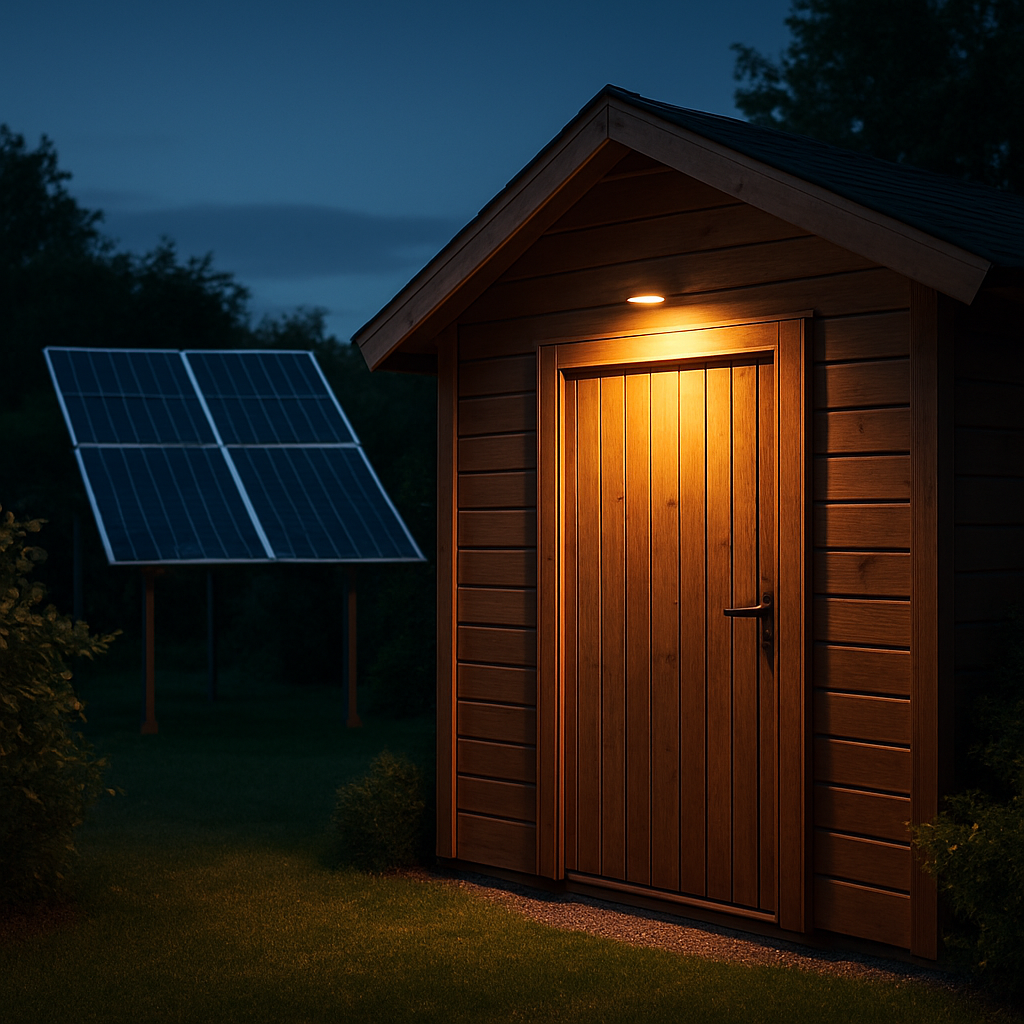 Closing: Abendaufnahme mit Solar‑LED‑Licht im Gartenhaus, die Anlage im Hintergrund, gemütliche Stimmung
