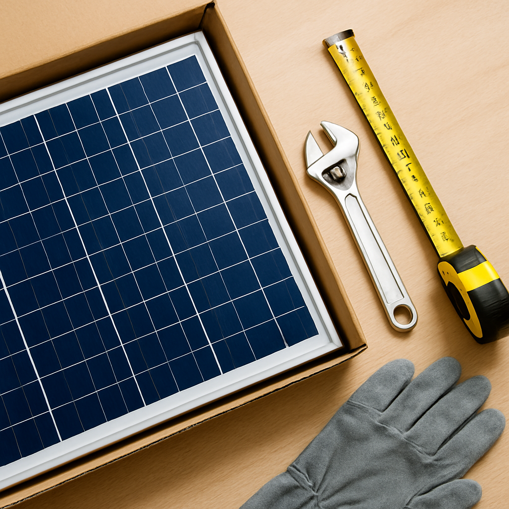 Close-up eines Solarmoduls im Karton neben Werkzeug – Maßband, Schraubenschlüssel, Handschuhe
