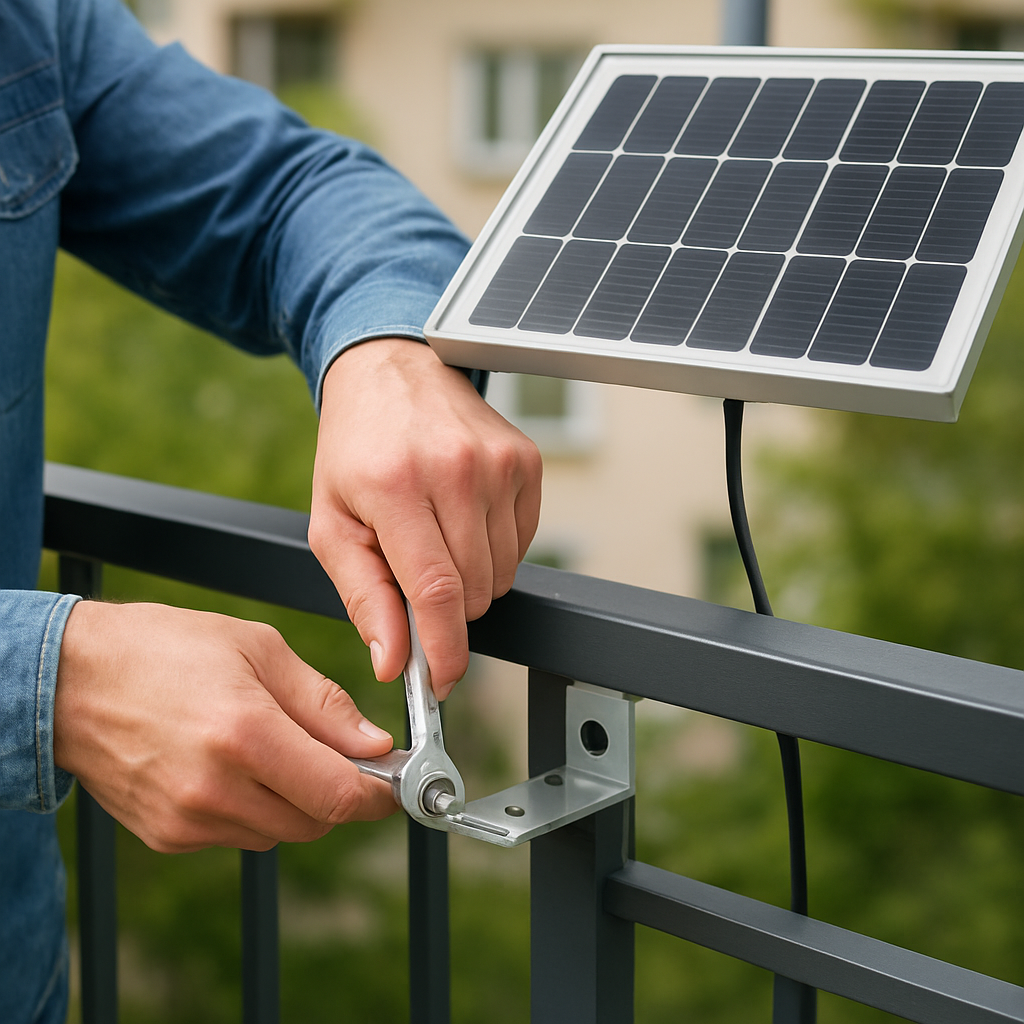 Personen montieren Halterung am Balkongeländer mit Schraubenschlüssel