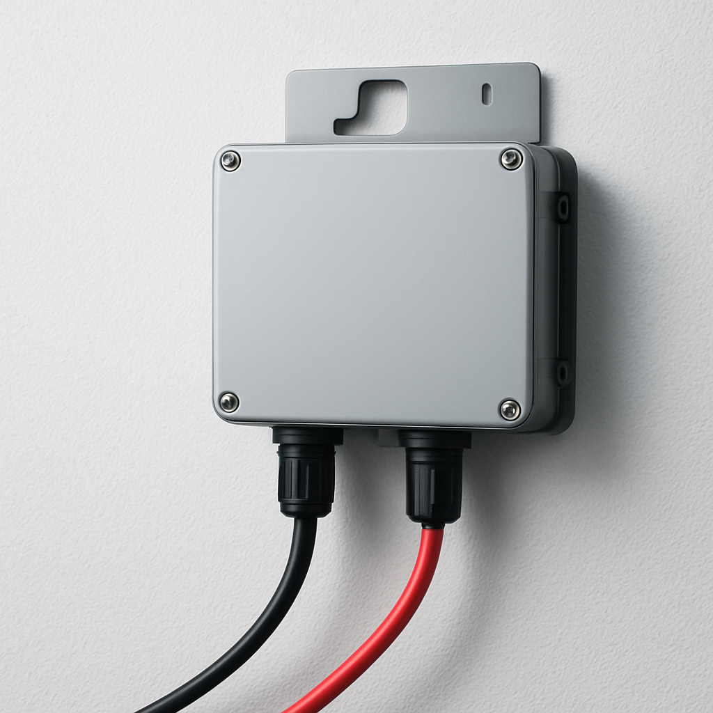 Close-up eines Mikrowechselrichters an der Wand mit angeschlossenen Solarkabeln