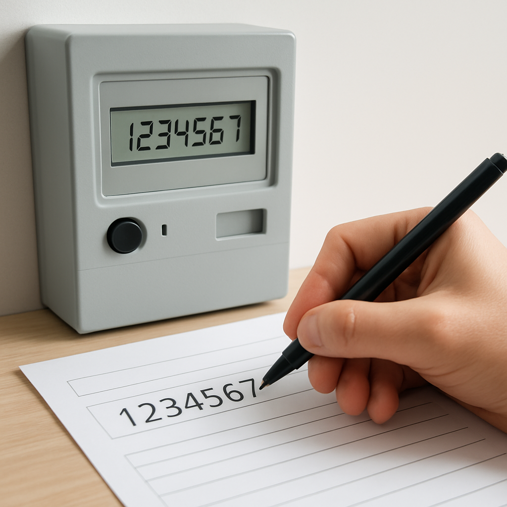 Illustration eines Stromzählers mit hervorgehobener Zählernummer – Hand schreibt die Nummer auf ein Formular