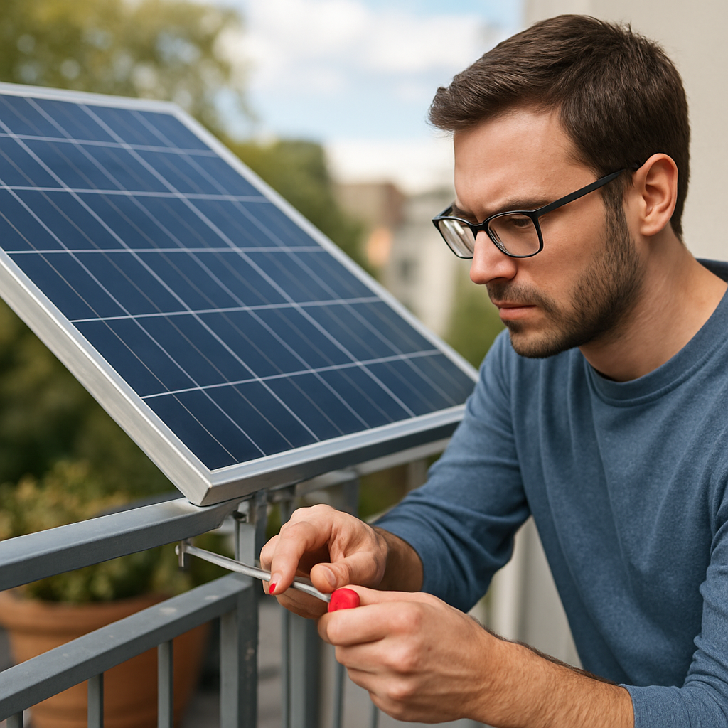 Person kontrolliert Schrauben an Modulhalterung nach einem Sturm
