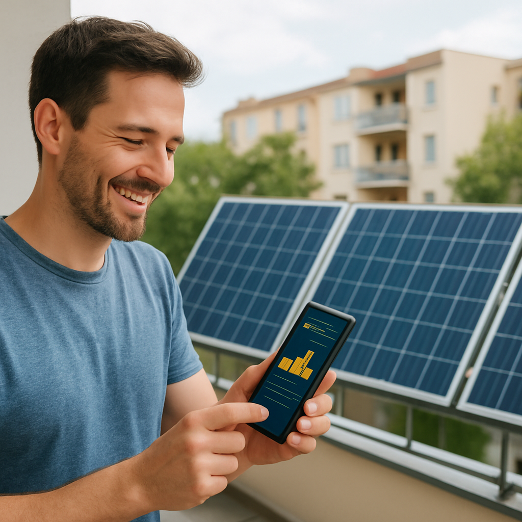 Endbild: glücklicher Balkonbesitzer prüft Monitoring-App auf Smartphone, im Hintergrund die Module