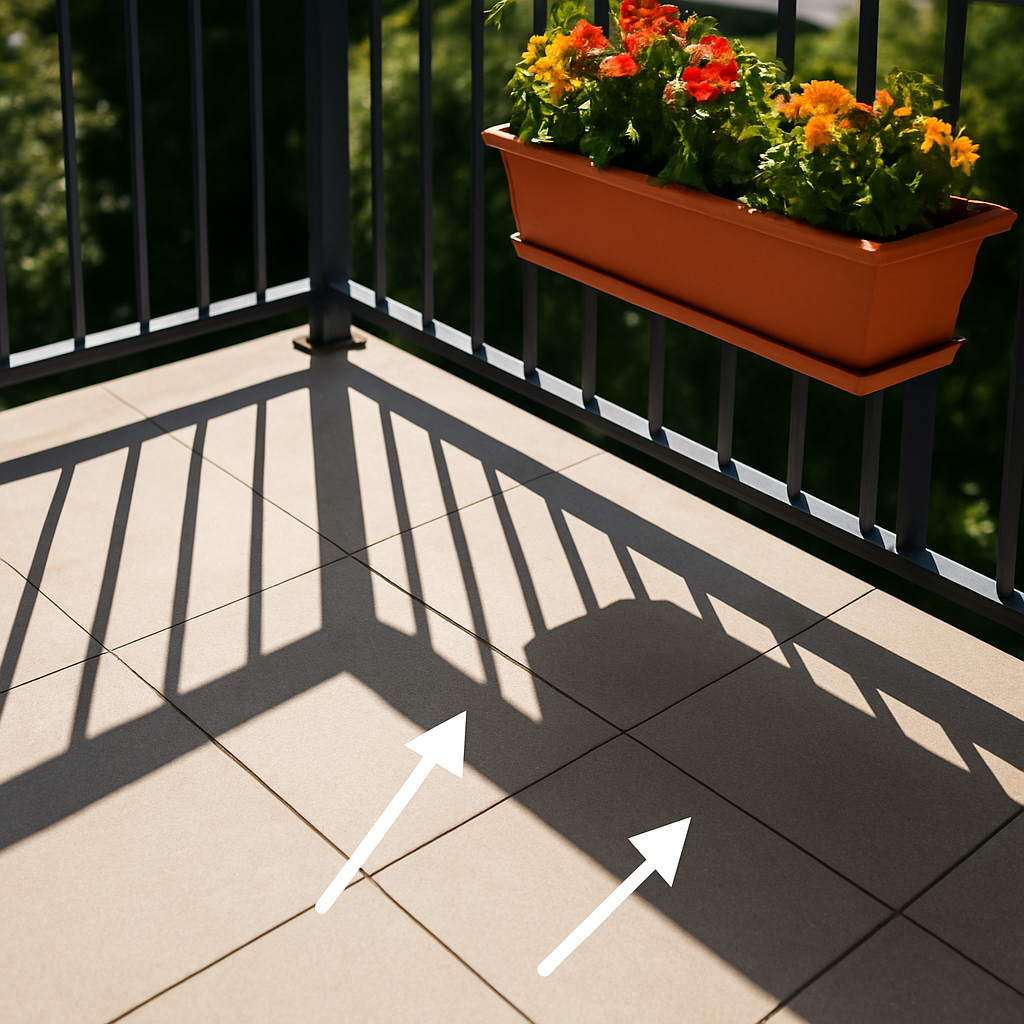 Close-up-Bild von Schatten durch Balkonbrüstung und Blumenkasten, mit Pfeilen, die die Schattenkanten markieren