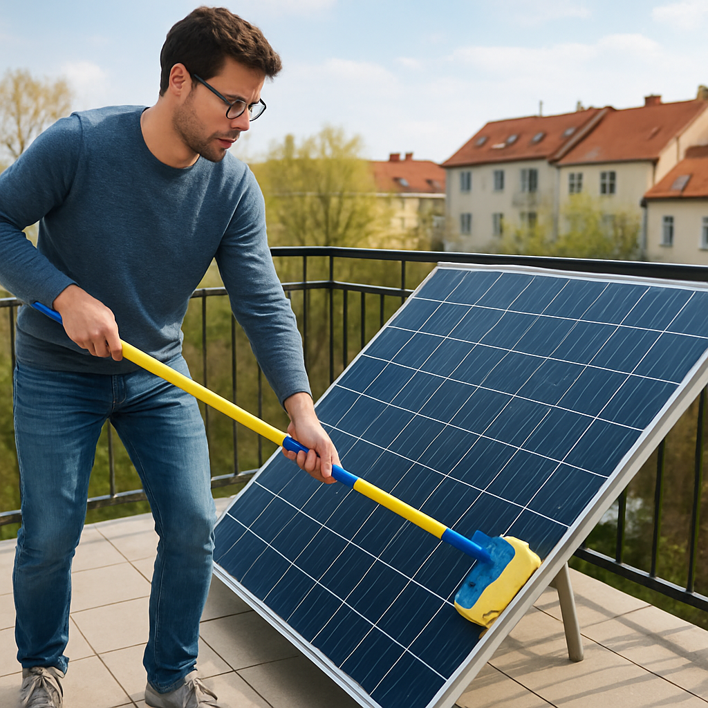 Person mit Teleskopwischer und weichem Schwamm reinigt ein Solarmodul vom sicheren Balkonboden aus, ohne über Geländer zu lehnen