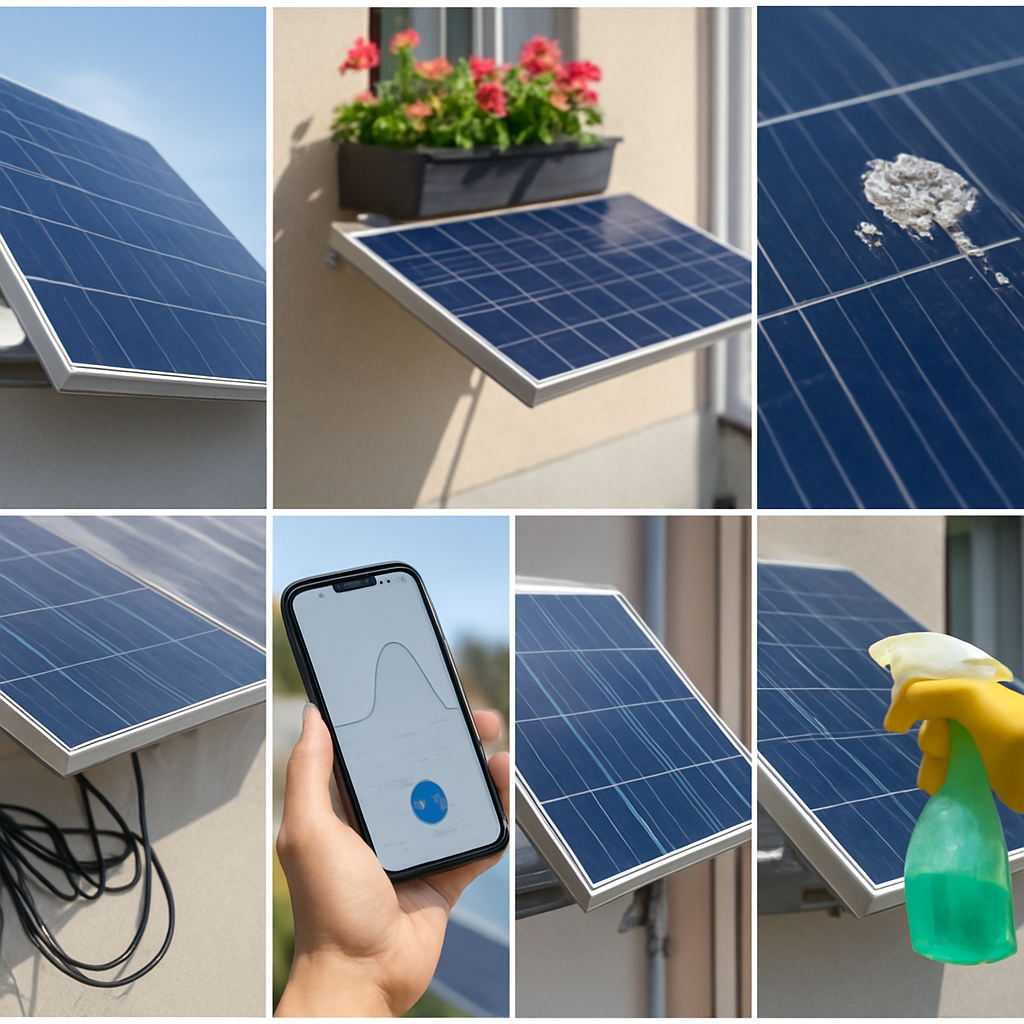 Fotocollage der sieben Fehler: falscher Winkel, Schatten durch Blumenkasten, Vogelkot, Kabelsalat, App-Kurven, unsichere Halterung, aggressive Putzmittel