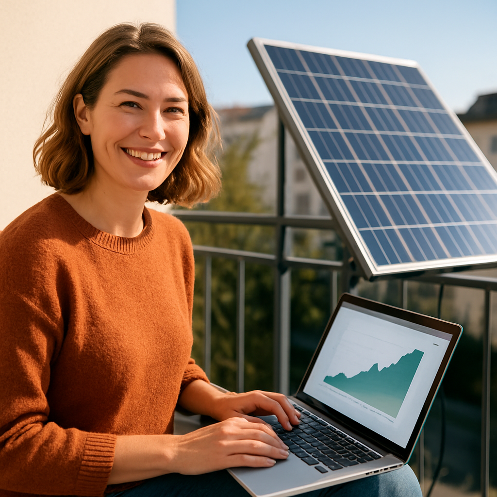 Abschlussbild: zufriedene Person am Balkon mit Laptop und Balkonkraftwerk im Hintergrund, App-Kurve sichtbar auf dem Bildschirm