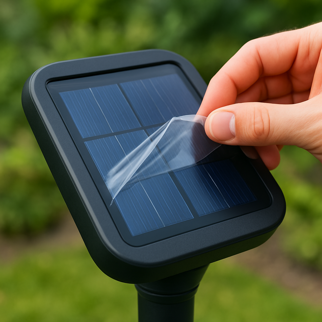 Nahaufnahme eines Solarpanels einer Gartenleuchte mit einer Hand, die die Schutzfolie abzieht