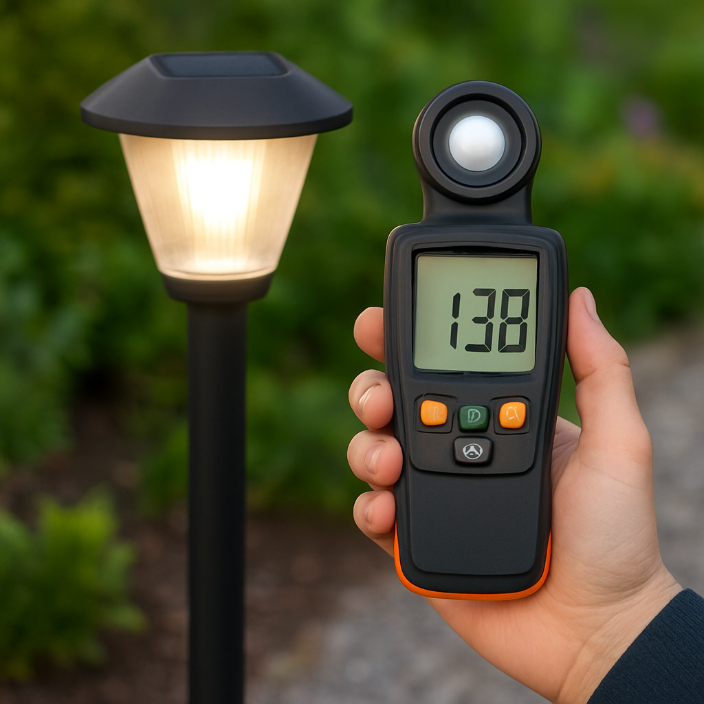 Person mit einem Luxmeter-App oder Hand-Luxmeter vor einer Solar-Wegeleuchte, die Messung zeigt