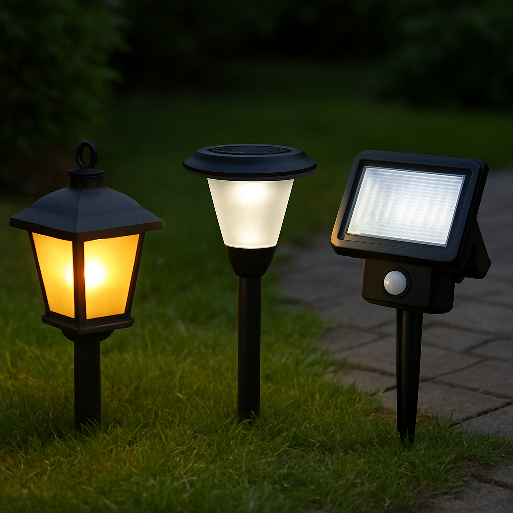 Vergleichsbild: links Dekoleuchte mit warmem Licht, Mitte Wegeleuchte, rechts heller Solarstrahler mit Bewegungsmelder