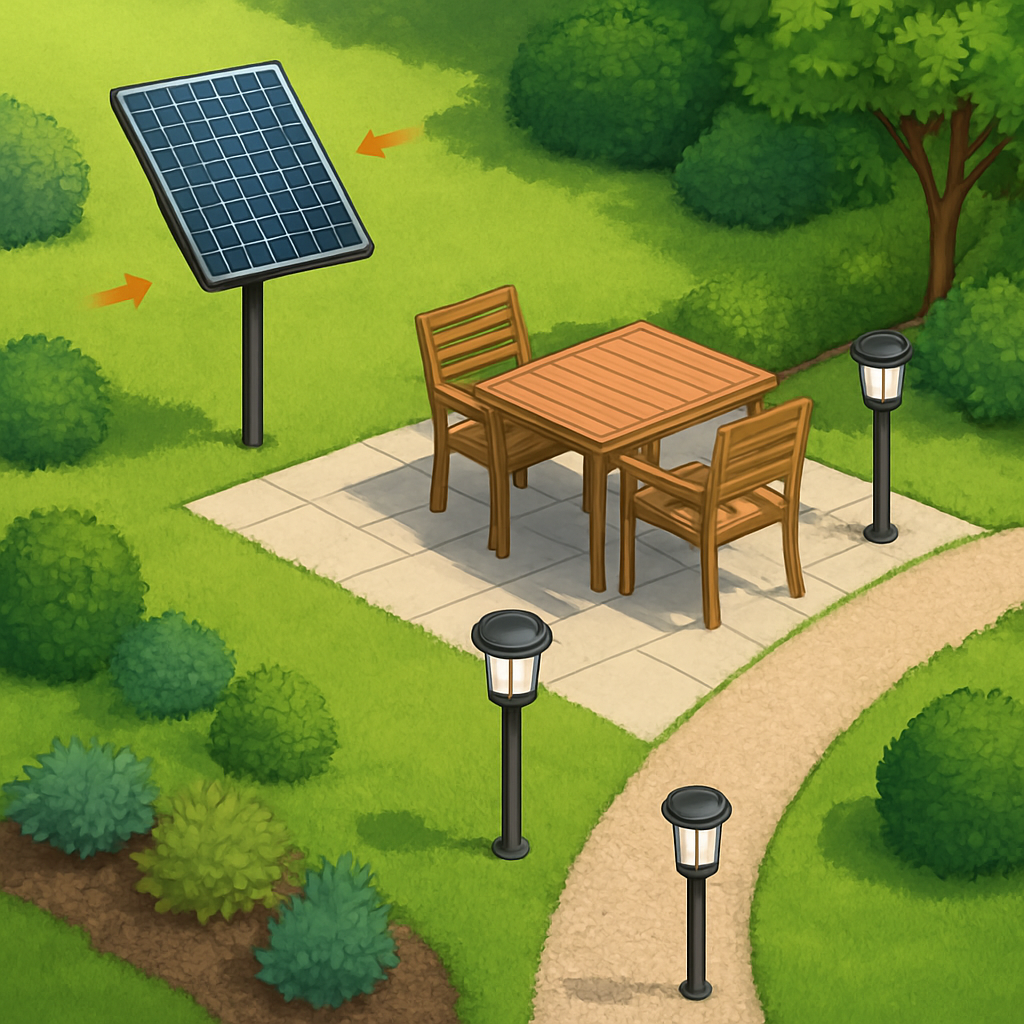 Illustration eines Gartengrundrisses mit empfohlenen Montagepunkten: sonnige Stelle für Panel, Leuchte an Sitzplatz und Poller entlang Weg