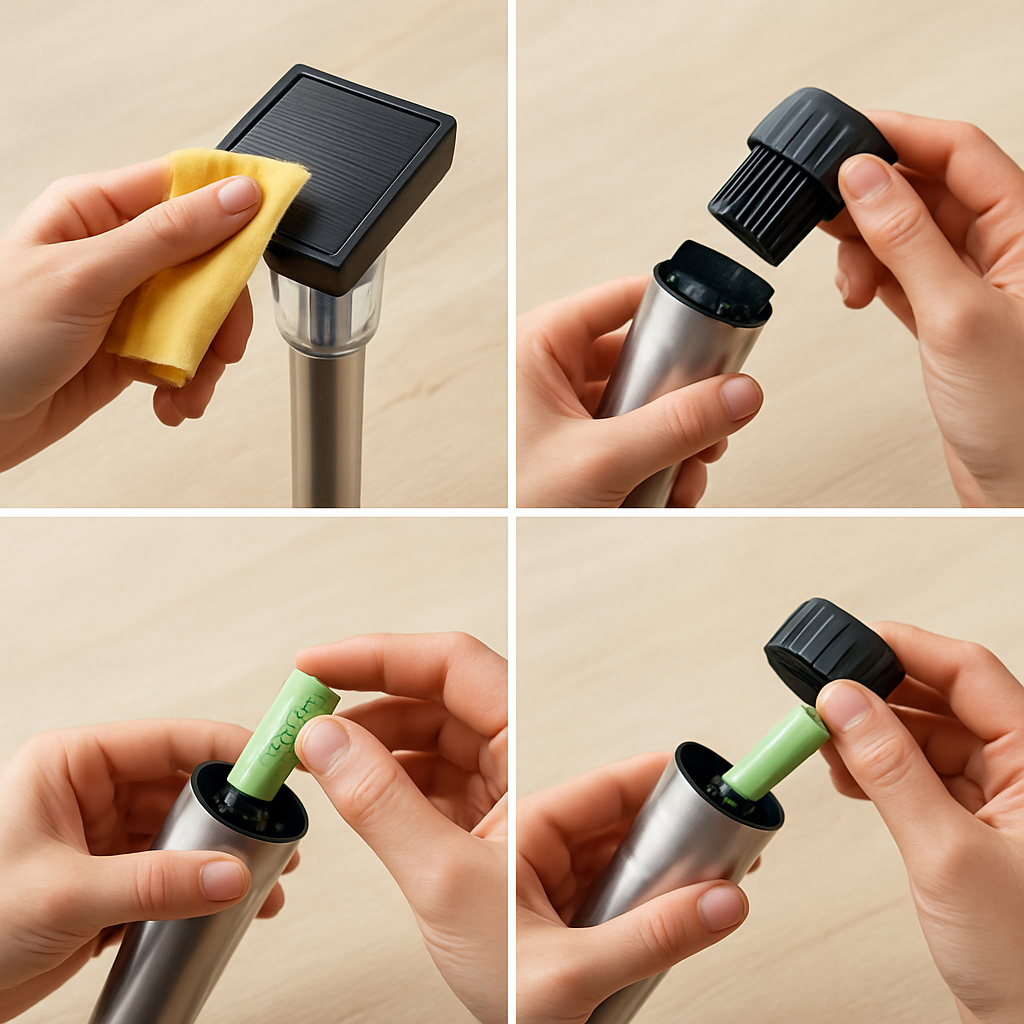 Schritt-für-Schritt-Foto: Panel abwischen, Akkufach öffnen, NiMH-Akku herausnehmen und neuen einsetzen