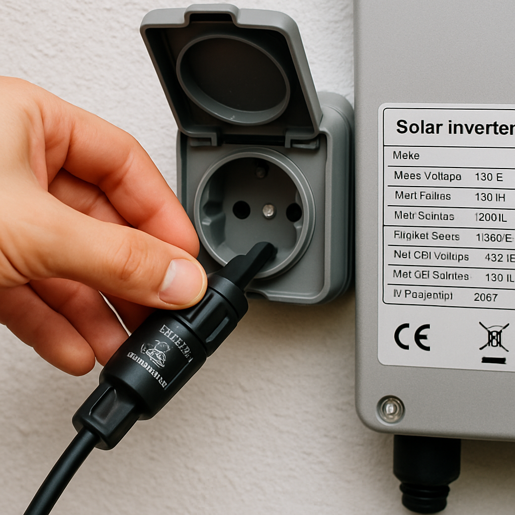 Hand, die einen zertifizierten PV‑Stecker in eine Steckdose steckt; Nahaufnahme auf Typenschild am Wechselrichter