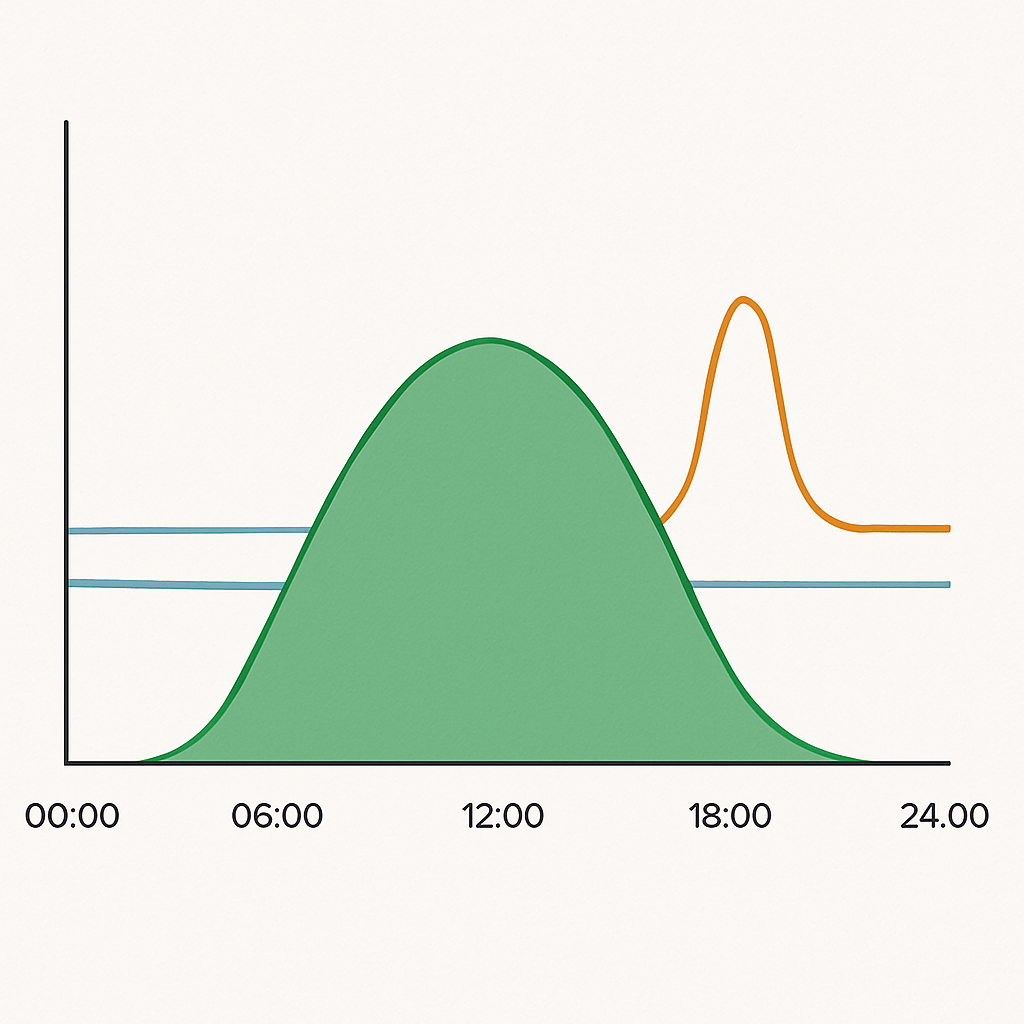 Grafik Tageskurve mit Erzeugung (Hügel) und zwei Verbrauchsprofilen — eines mit breiter Grundlast, eines mit kurzem Peak