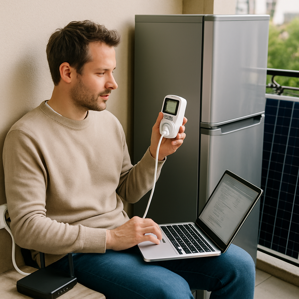Person am Balkon mit Energiemesssteckdose, Notebook auf dem Schoß, misst Router und Kühlschrank