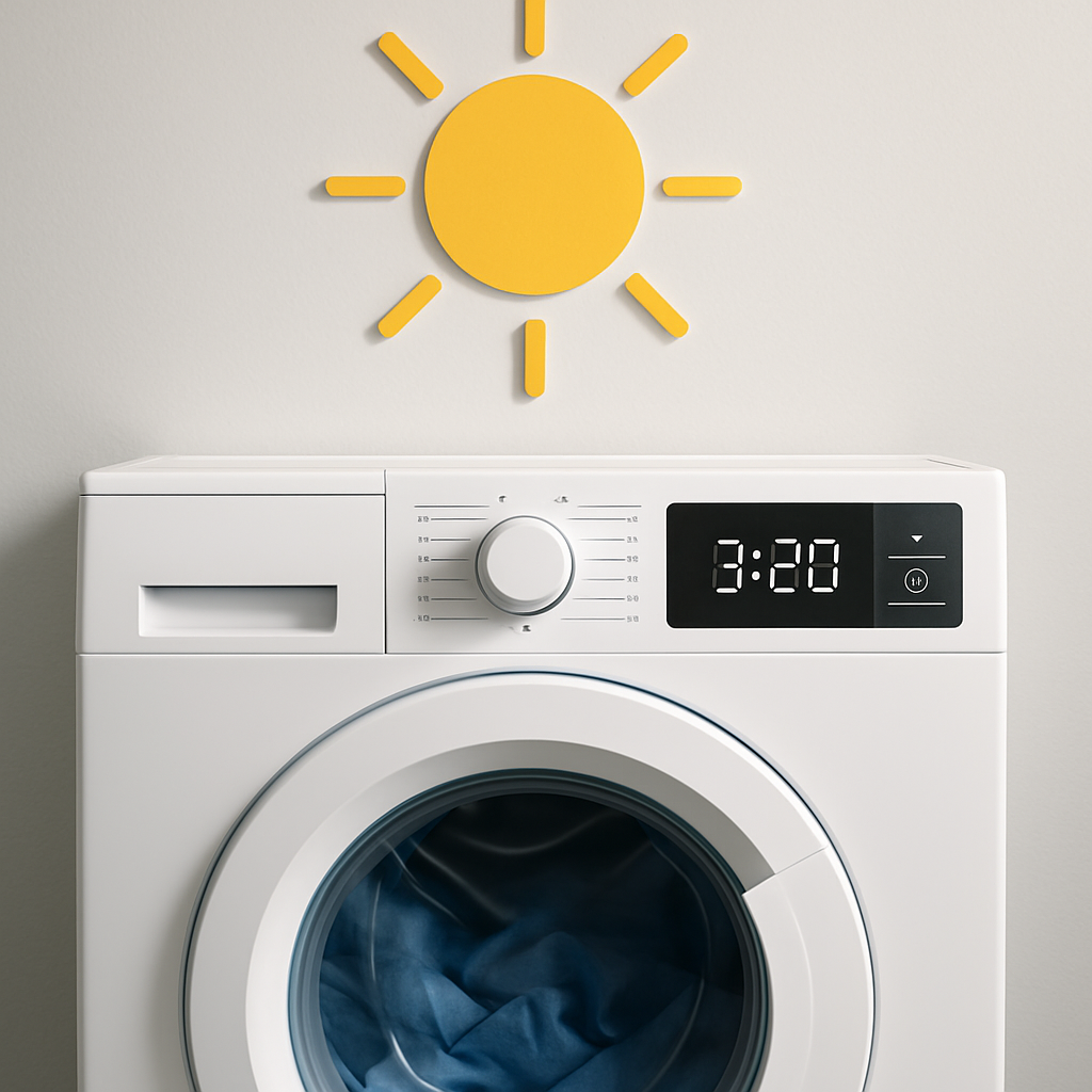 Waschmaschine mit Timer‑Symbol auf dem Display, Sonnen‑Icon am oberen Rand