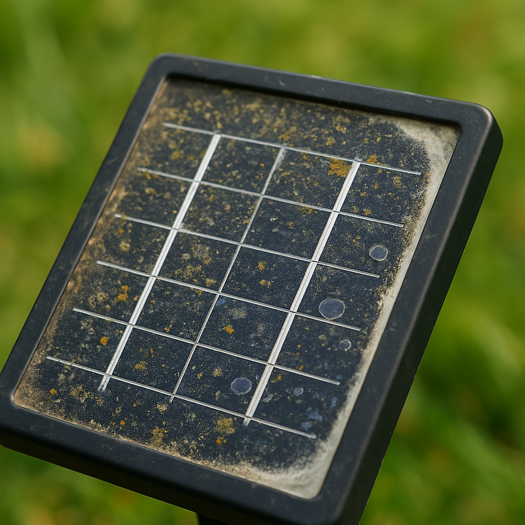 Verschmutztes Solarpanel: Nahaufnahme eines kleinen PV‑Moduls mit Pollen, Wasserflecken und einem hellen Kalkrand