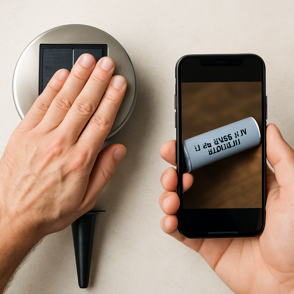 Diagnose: Person deckt ein Solarpanel mit der Hand ab; daneben ein Smartphone mit Foto der Akku-Beschriftung