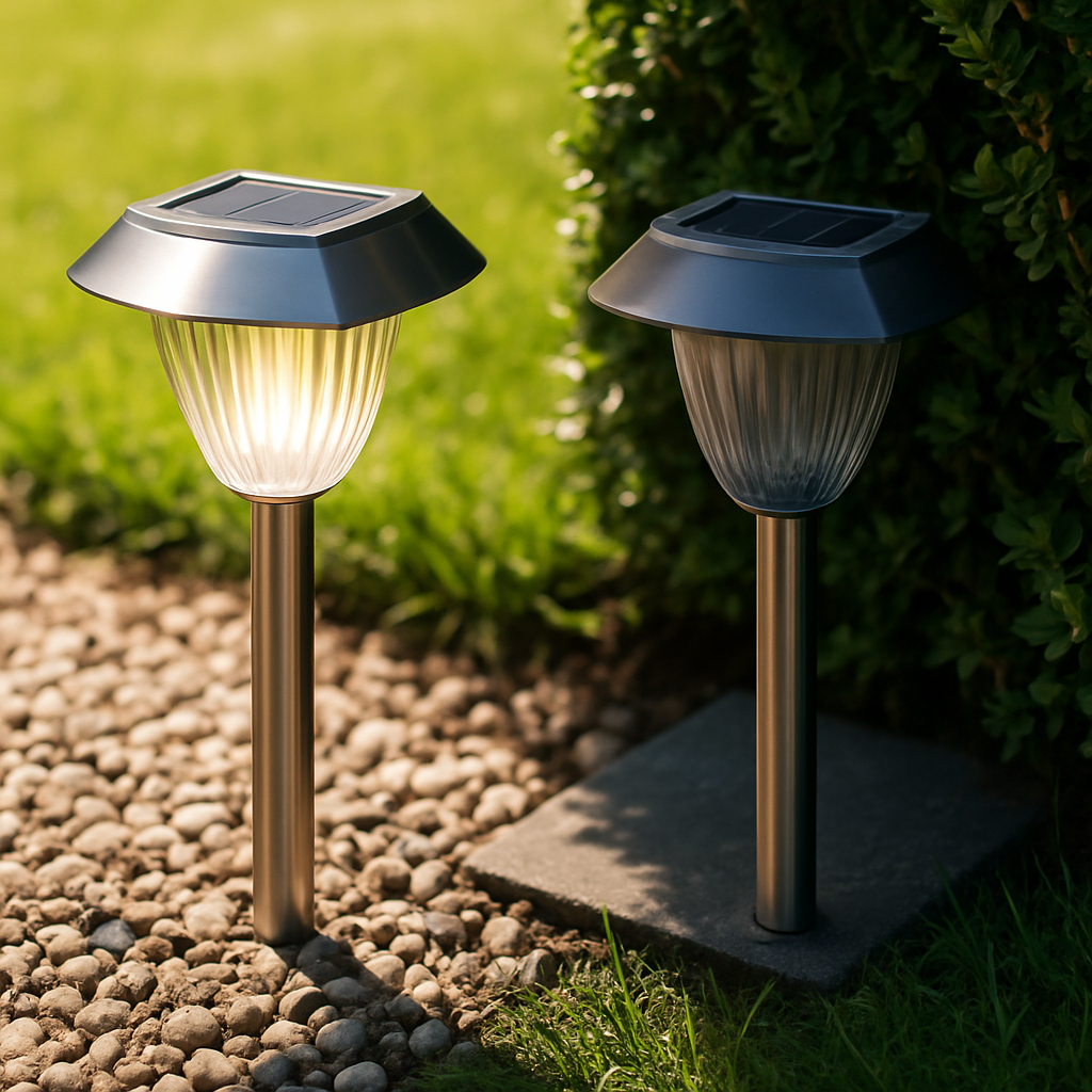 Aufstellung: Zwei identische Solarlampen, eine in freier Sonne, die andere im Schatten einer Hecke — sichtbar Unterschied in Helligkeit