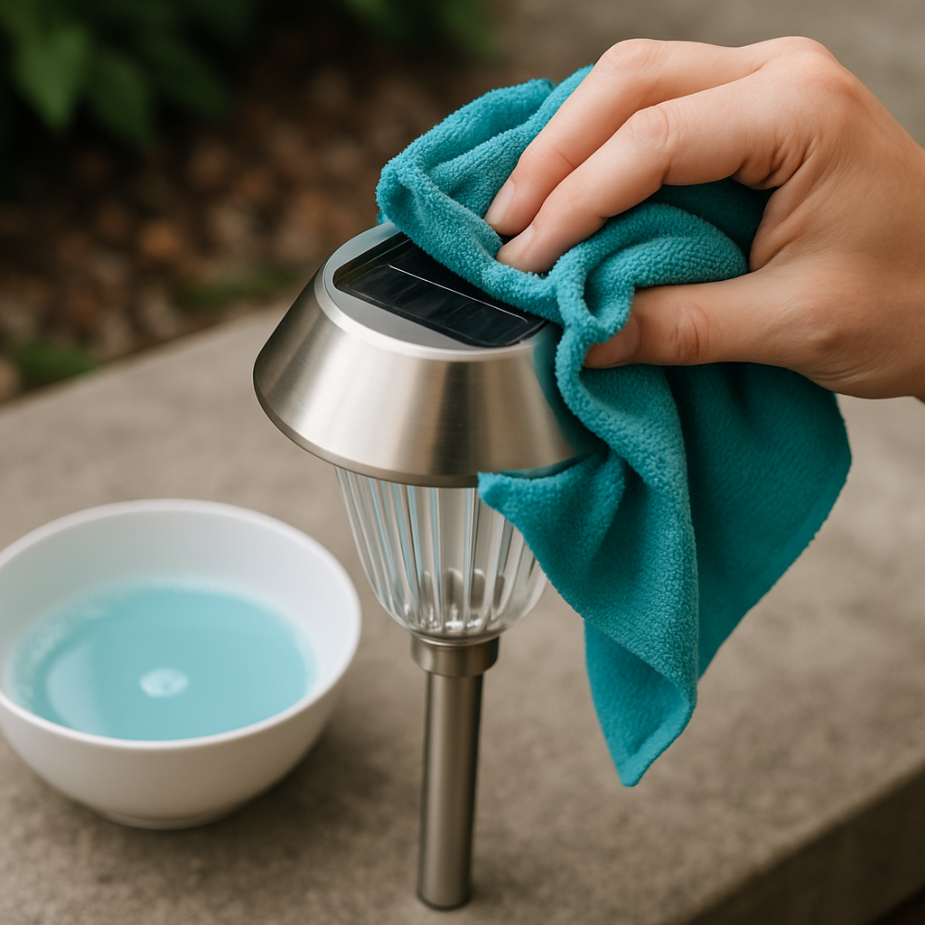 Reinigung: Hand mit Mikrofasertuch putzt eine Solarlampe, Reinigungslösung in einer Schale daneben