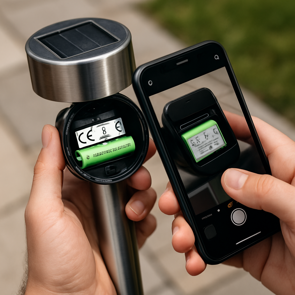 Akku-Tausch: Geöffnete Gartensolarlampe mit sichtbarem AA-Akku, Person fotografiert die Beschriftung