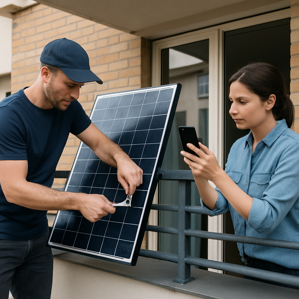 Zwei Personen führen einen Sicherheits-Check an einem Balkon-Solarsystem durch: eine Person kontrolliert Schrauben, die andere dokumentiert mit dem Smartphone