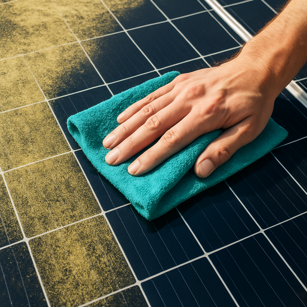 Nahaufnahme einer Hand, die mit Mikrofasertuch ein Solarmodul sauber wischt; deutlich sichtbarer Vorher-Nachher-Unterschied
