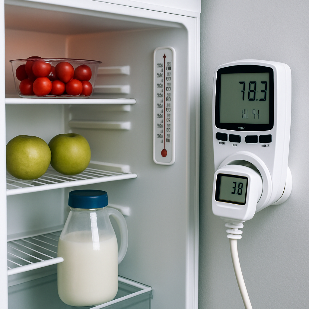 Offene Kühlschranktür, Thermometer sichtbar, Verbrauchsmessgerät am Stecker zeigt aktuellen Wattverbrauch