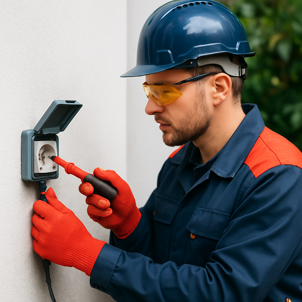 Elektrofachkraft prüft eine Außensteckdose mit Spannungsprüfer; deutliche Schutzkleidung und Werkzeug