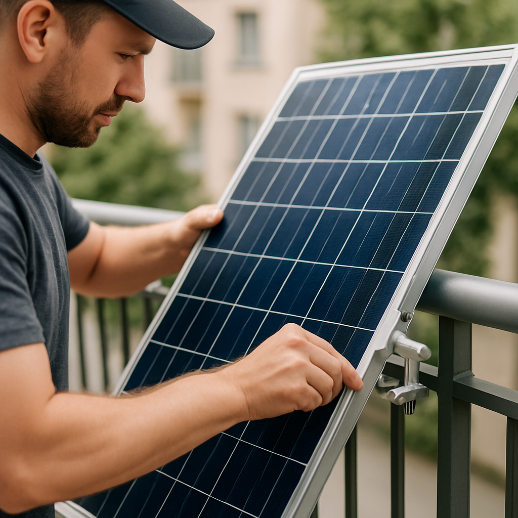 Person montiert ein Solarmodul an einem Balkongeländer; Detailaufnahme der Klemmen und Befestigung