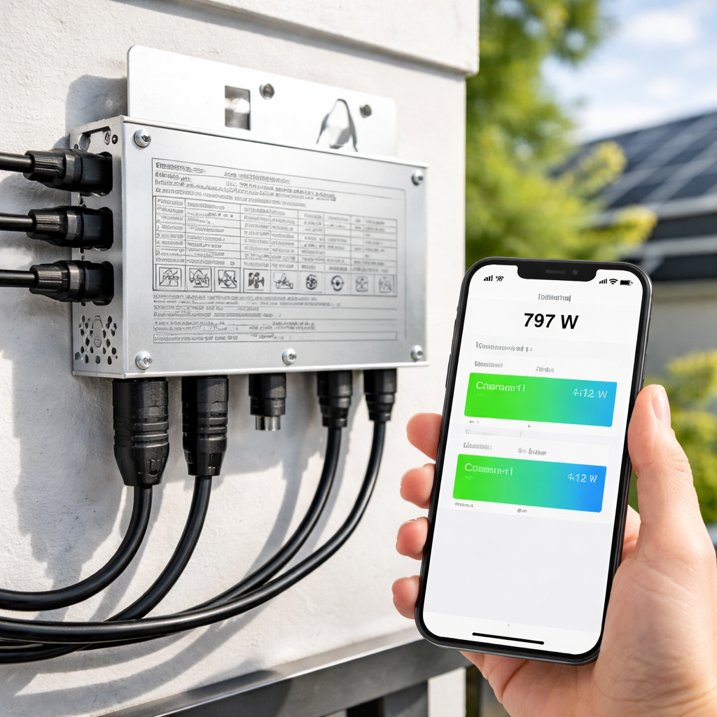 Foto eines Wechselrichters mit sichtbarem Typenschild und angeschlossener App, die Eingangsleistung je Kanal zeigt.
