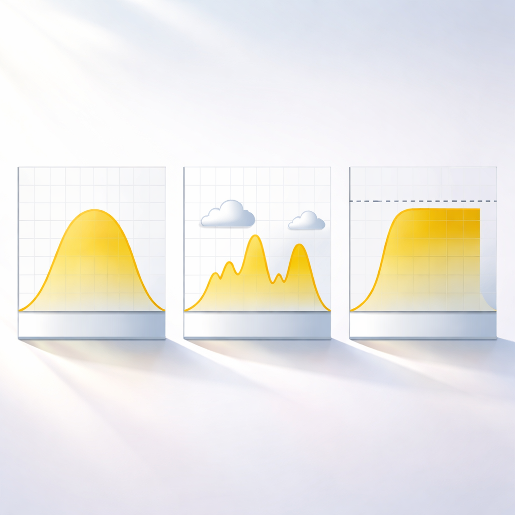Sequenz mit drei kleinen Grafiken nebeneinander: (1) ‚Glatte Glocke‘, (2) ‚Gezackte Kurve‘ mit Wolken-Icons, (3) ‚Plateau‘ mit Markierung ‚Wechselrichter begrenzt‘.