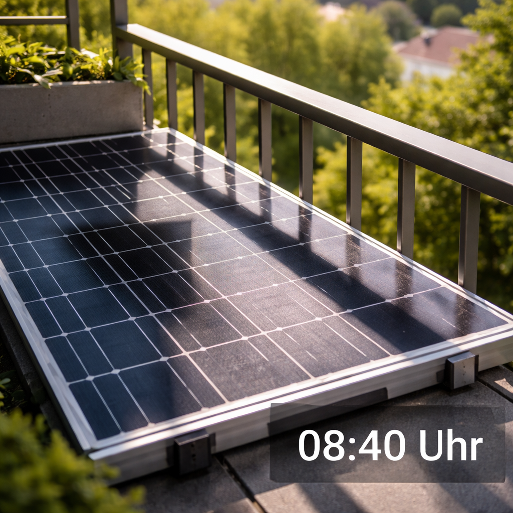 Foto von einem kleinen Schatten durch ein Geländer, das einen Teil des Modulbereichs abdeckt, mit Zeitstempel ‚08:40 Uhr‘ als Overlay.